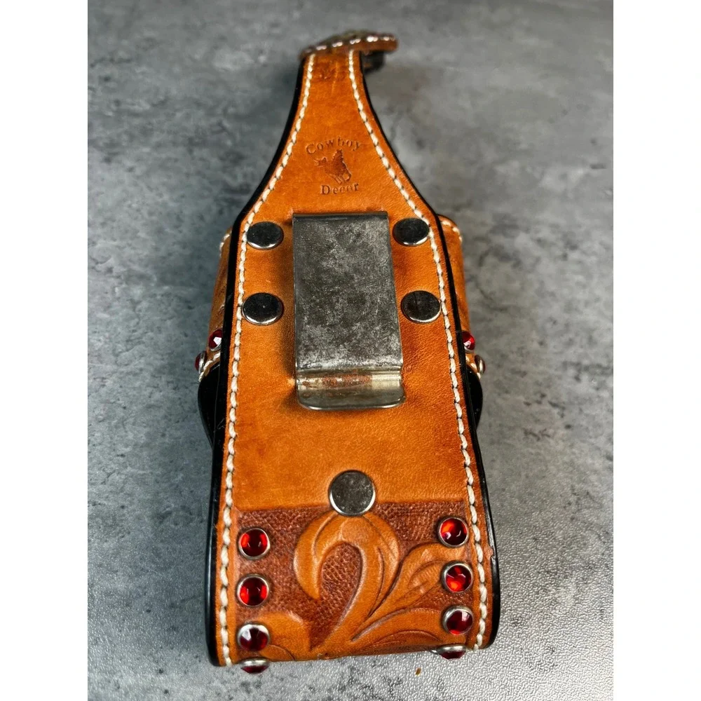 Cowboy Decor Tooled Leather Cell Phone/ Knife Holster Star Concho Red Rhinestone